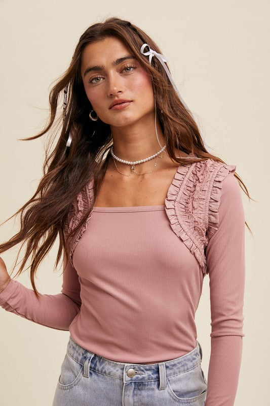 Ruffle Accent Long Sleeve - Dusty Rose-Tops- Hometown Style HTS, women's in store and online boutique located in Ingersoll, Ontario
