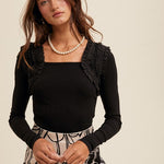 Ruffle Accent Long Sleeve - Black-Tops- Hometown Style HTS, women's in store and online boutique located in Ingersoll, Ontario