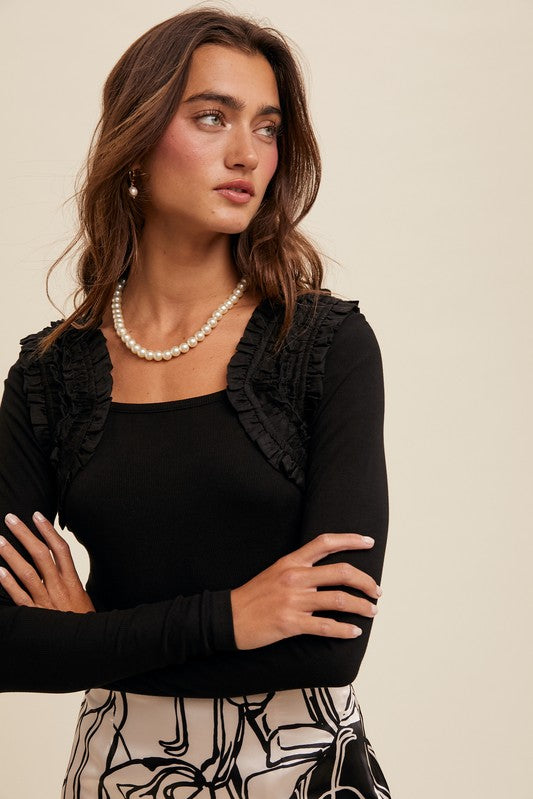 Ruffle Accent Long Sleeve - Black-Tops- Hometown Style HTS, women's in store and online boutique located in Ingersoll, Ontario