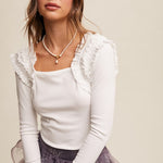 Ruffle Accent Long Sleeve - Cream-Tops- Hometown Style HTS, women's in store and online boutique located in Ingersoll, Ontario