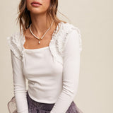 Ruffle Accent Long Sleeve - Cream-Tops- Hometown Style HTS, women's in store and online boutique located in Ingersoll, Ontario