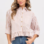 Stripe Button Down with Ruffle - Taupe-Tops- Hometown Style HTS, women's in store and online boutique located in Ingersoll, Ontario