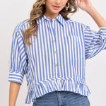 Stripe Button Down with Ruffle - Blue-Tops- Hometown Style HTS, women's in store and online boutique located in Ingersoll, Ontario