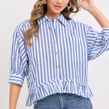 Stripe Button Down with Ruffle - Blue-Tops- Hometown Style HTS, women's in store and online boutique located in Ingersoll, Ontario