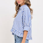 Stripe Button Down with Ruffle - Blue-Tops- Hometown Style HTS, women's in store and online boutique located in Ingersoll, Ontario