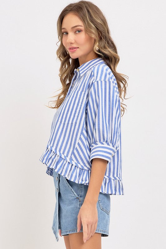 Stripe Button Down with Ruffle - Blue-Tops- Hometown Style HTS, women's in store and online boutique located in Ingersoll, Ontario