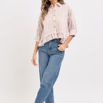 Stripe Button Down with Ruffle - Taupe-Tops- Hometown Style HTS, women's in store and online boutique located in Ingersoll, Ontario