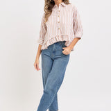 Stripe Button Down with Ruffle - Taupe-Tops- Hometown Style HTS, women's in store and online boutique located in Ingersoll, Ontario