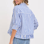 Stripe Button Down with Ruffle - Blue-Tops- Hometown Style HTS, women's in store and online boutique located in Ingersoll, Ontario