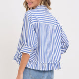 Stripe Button Down with Ruffle - Blue-Tops- Hometown Style HTS, women's in store and online boutique located in Ingersoll, Ontario