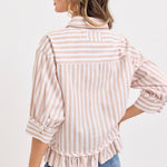 Stripe Button Down with Ruffle - Taupe-Tops- Hometown Style HTS, women's in store and online boutique located in Ingersoll, Ontario