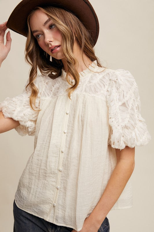 Textured Button Front Blouse - Cream-Tops- Hometown Style HTS, women's in store and online boutique located in Ingersoll, Ontario