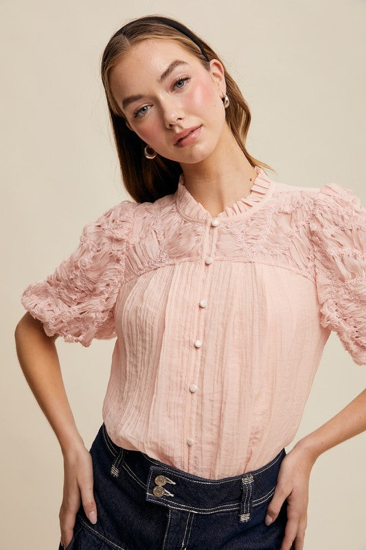 Textured Button Front Blouse - Pink-tops- Hometown Style HTS, women's in store and online boutique located in Ingersoll, Ontario