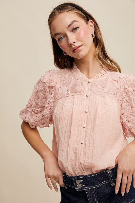 Textured Button Front Blouse - Pink-tops- Hometown Style HTS, women's in store and online boutique located in Ingersoll, Ontario