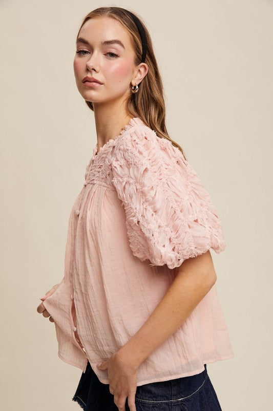 Textured Button Front Blouse - Pink-tops- Hometown Style HTS, women's in store and online boutique located in Ingersoll, Ontario