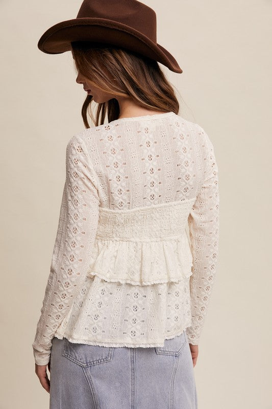 Cinched Crochet Long Sleeve Top - Cream-Tops- Hometown Style HTS, women's in store and online boutique located in Ingersoll, Ontario