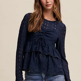 Cinched Crochet Long Sleeve Top - Navy-Tops- Hometown Style HTS, women's in store and online boutique located in Ingersoll, Ontario