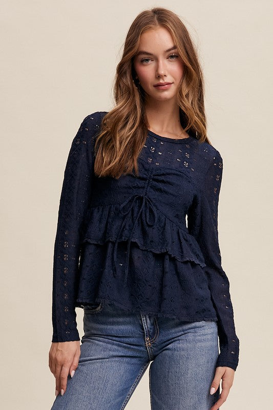 Cinched Crochet Long Sleeve Top - Navy-Tops- Hometown Style HTS, women's in store and online boutique located in Ingersoll, Ontario