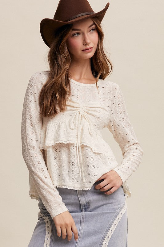 Cinched Crochet Long Sleeve Top - Cream-Tops- Hometown Style HTS, women's in store and online boutique located in Ingersoll, Ontario