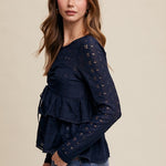 Cinched Crochet Long Sleeve Top - Navy-Tops- Hometown Style HTS, women's in store and online boutique located in Ingersoll, Ontario