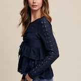 Cinched Crochet Long Sleeve Top - Navy-Tops- Hometown Style HTS, women's in store and online boutique located in Ingersoll, Ontario