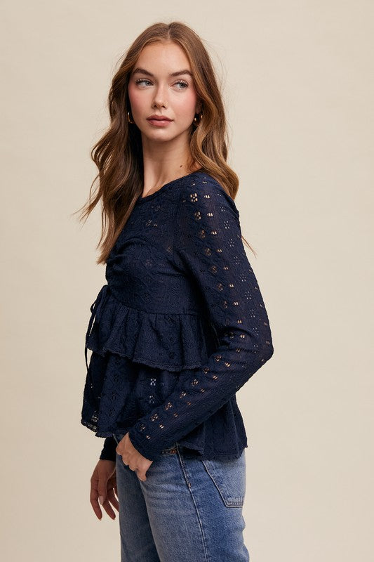 Cinched Crochet Long Sleeve Top - Navy-Tops- Hometown Style HTS, women's in store and online boutique located in Ingersoll, Ontario