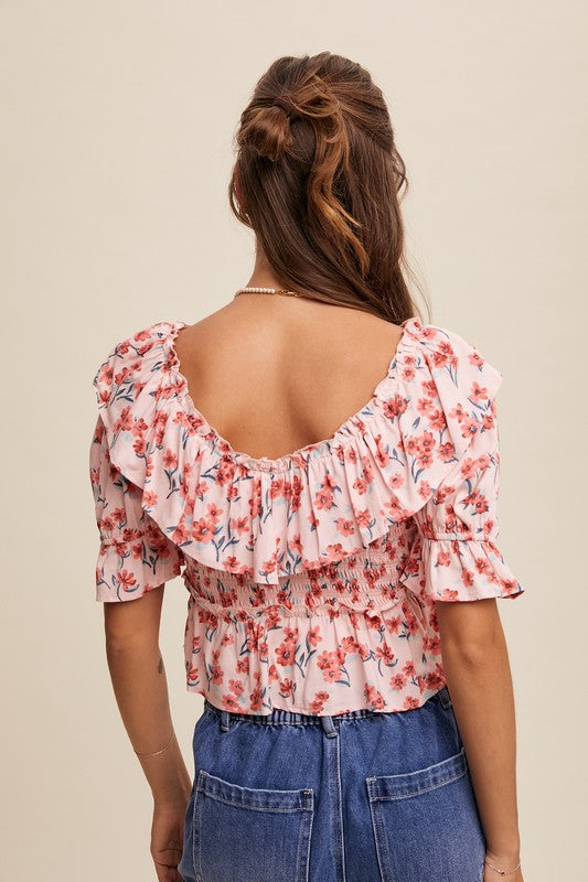 Flower FLoral Ruffled V-Neck Blouse-Tops- Hometown Style HTS, women's in store and online boutique located in Ingersoll, Ontario