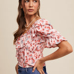 Flower FLoral Ruffled V-Neck Blouse-Tops- Hometown Style HTS, women's in store and online boutique located in Ingersoll, Ontario