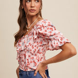 Flower FLoral Ruffled V-Neck Blouse-Tops- Hometown Style HTS, women's in store and online boutique located in Ingersoll, Ontario