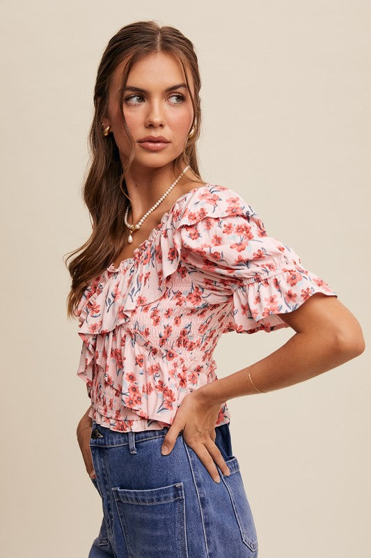 Flower FLoral Ruffled V-Neck Blouse-Tops- Hometown Style HTS, women's in store and online boutique located in Ingersoll, Ontario