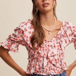 Flower FLoral Ruffled V-Neck Blouse-Tops- Hometown Style HTS, women's in store and online boutique located in Ingersoll, Ontario