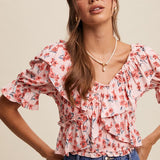 Flower FLoral Ruffled V-Neck Blouse-Tops- Hometown Style HTS, women's in store and online boutique located in Ingersoll, Ontario