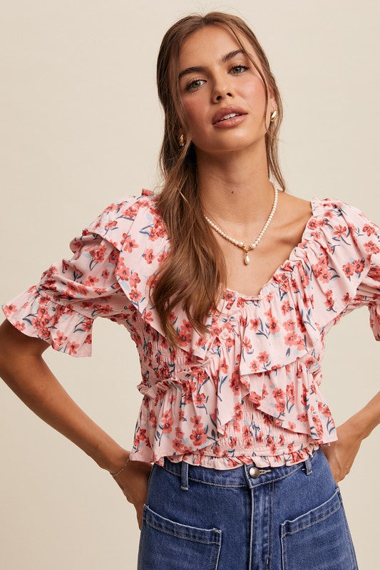 Flower FLoral Ruffled V-Neck Blouse-Tops- Hometown Style HTS, women's in store and online boutique located in Ingersoll, Ontario