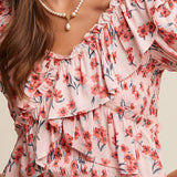 Flower FLoral Ruffled V-Neck Blouse-Tops- Hometown Style HTS, women's in store and online boutique located in Ingersoll, Ontario