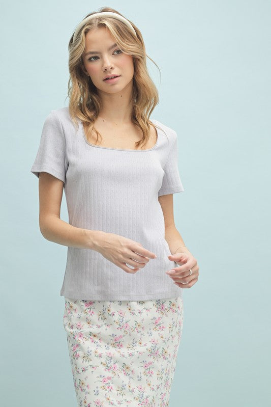 Pointelle Knit Top - Blue-Tops- Hometown Style HTS, women's in store and online boutique located in Ingersoll, Ontario