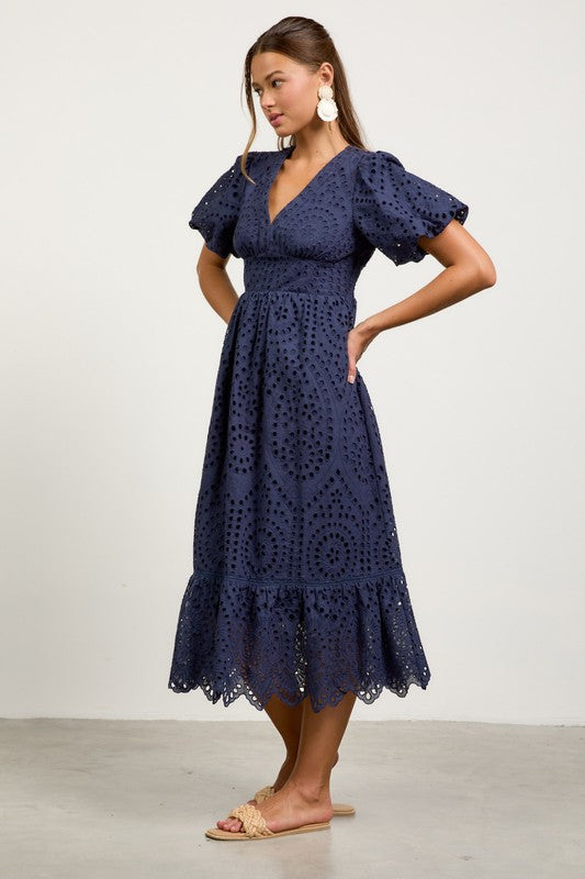 Eyelet Lace Smocked Back Midi Dress-dress- Hometown Style HTS, women's in store and online boutique located in Ingersoll, Ontario