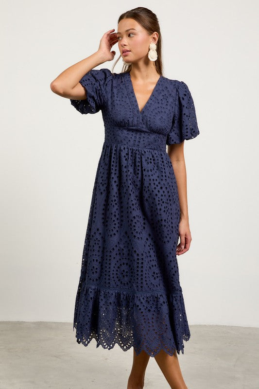 Eyelet Lace Smocked Back Midi Dress-dress- Hometown Style HTS, women's in store and online boutique located in Ingersoll, Ontario