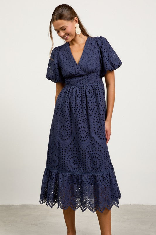 Eyelet Lace Smocked Back Midi Dress-dress- Hometown Style HTS, women's in store and online boutique located in Ingersoll, Ontario