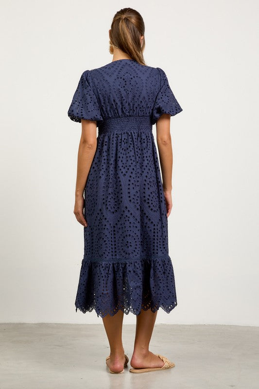 Eyelet Lace Smocked Back Midi Dress-dress- Hometown Style HTS, women's in store and online boutique located in Ingersoll, Ontario