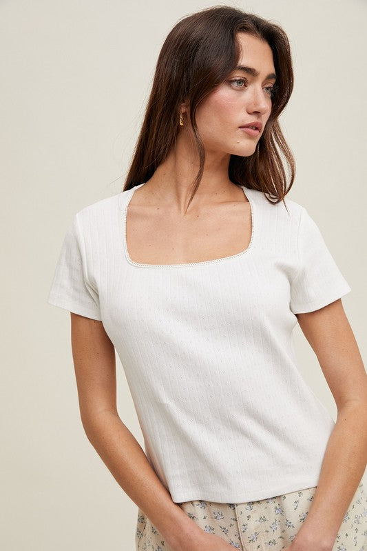 Pointelle Knit Top - White-Tops- Hometown Style HTS, women's in store and online boutique located in Ingersoll, Ontario