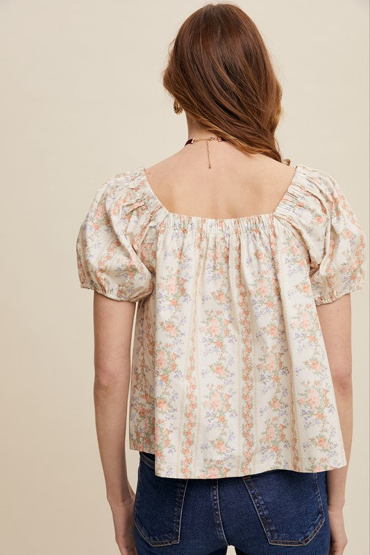 Floral Puff Sleeve Blouse - Peach-tops- Hometown Style HTS, women's in store and online boutique located in Ingersoll, Ontario