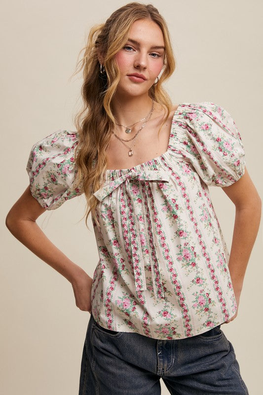 Floral Puff Sleeve Blouse - Pink-Tops- Hometown Style HTS, women's in store and online boutique located in Ingersoll, Ontario