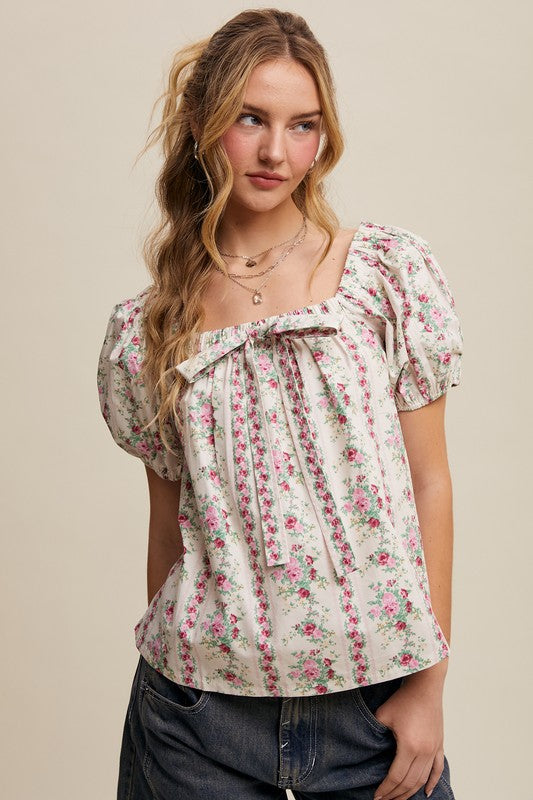 Floral Puff Sleeve Blouse - Pink-Tops- Hometown Style HTS, women's in store and online boutique located in Ingersoll, Ontario