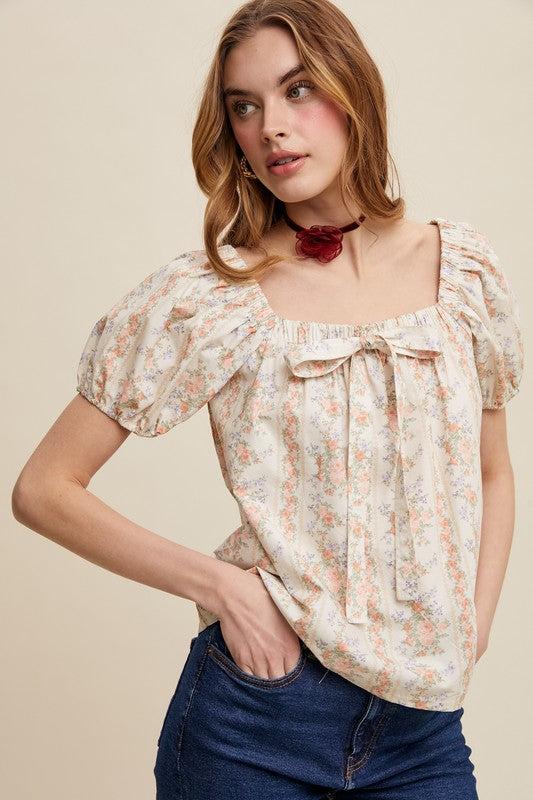 Floral Puff Sleeve Blouse - Peach-tops- Hometown Style HTS, women's in store and online boutique located in Ingersoll, Ontario