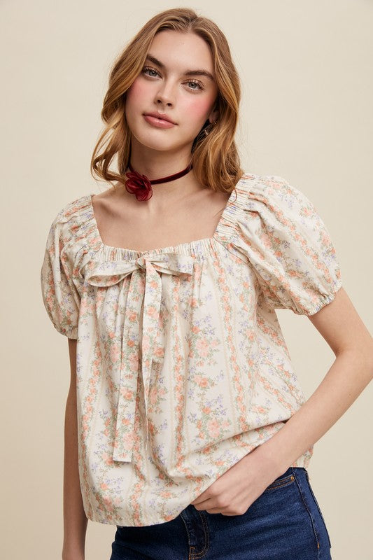 Floral Puff Sleeve Blouse - Peach-tops- Hometown Style HTS, women's in store and online boutique located in Ingersoll, Ontario