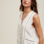 Sleeveless Trim Detail Blouse - Cream-Tops- Hometown Style HTS, women's in store and online boutique located in Ingersoll, Ontario