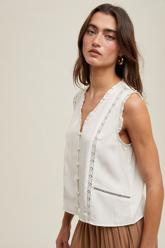 Sleeveless Trim Detail Blouse - Cream-Tops- Hometown Style HTS, women's in store and online boutique located in Ingersoll, Ontario