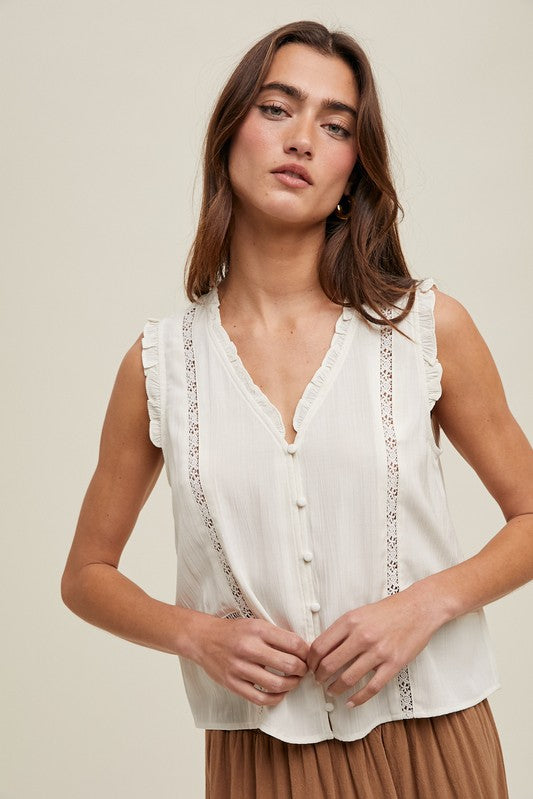 Sleeveless Trim Detail Blouse - Cream-Tops- Hometown Style HTS, women's in store and online boutique located in Ingersoll, Ontario