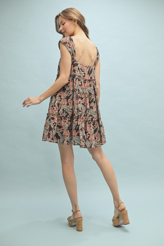 Floral Tiered Mini Dress - Espresso-dress- Hometown Style HTS, women's in store and online boutique located in Ingersoll, Ontario