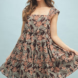 Floral Tiered Mini Dress - Espresso-dress- Hometown Style HTS, women's in store and online boutique located in Ingersoll, Ontario